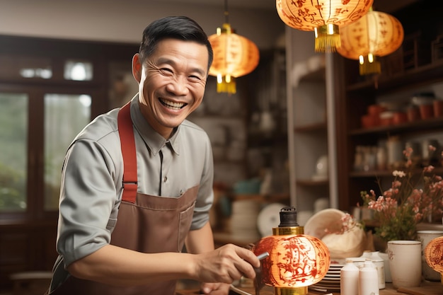 Un chino feliz trabajando en una tienda
