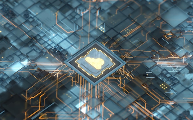 Chip y cloud computing tema de ciencia y tecnología renderizado 3d