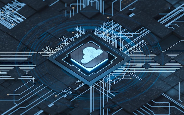 Chip y cloud computing tema de ciencia y tecnología renderizado 3d