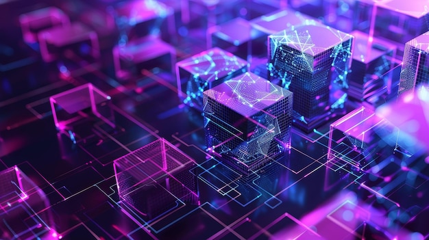 Foto un chip de computadora con cuadrados púrpuras y azules
