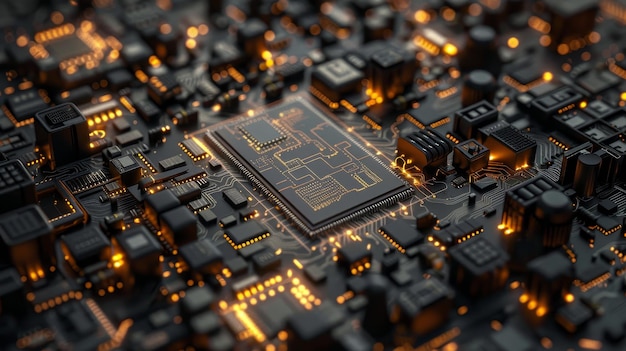 Un chip de computadora está iluminado en un fondo negro El chip está rodeado por otros chips de computadora y w