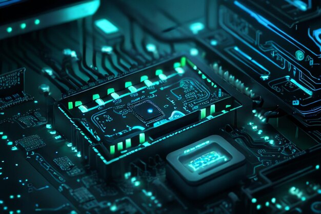 El chip de computadora futurista se ilumina en azul en un patrón de placa de circuito abstracto