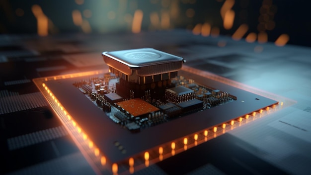 Un chip de computadora futurista con una placa de circuito debajo