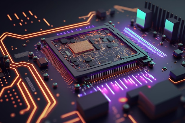 Un chip de computadora con luces de neón y una placa de circuito.