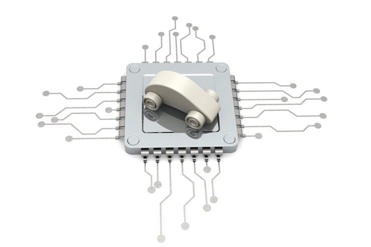 Foto chip de computadora y modelo de automóvil