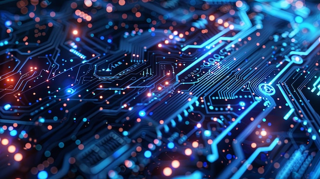 Un chip de computadora con muchas luces azules y rojas