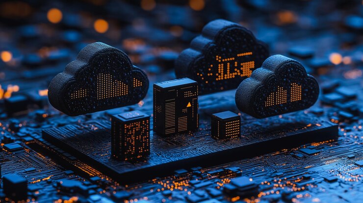 Foto un chip de computadora con una nube en él la nube está rodeada de otras nubes y el chip está rodeado de otros chips