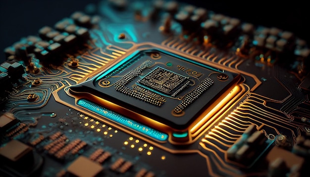 Chip de computadora súper macro brillante y placa de circuito de tecnología de placa base de CPU AI generativa