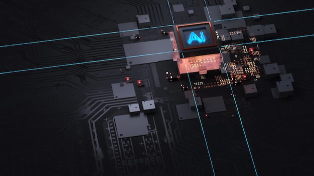 Chip de CPU Ai en la placa base 3D abstracto de un chip de procesador de computadora en una placa de circuito con microchips y otras partes de la computadora