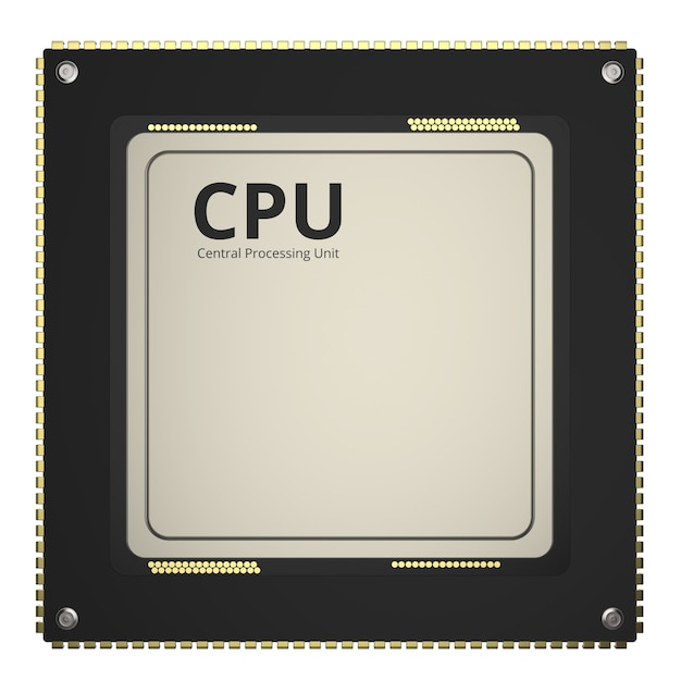 Chip de CPU de renderizado 3D o microchip aislado en blanco