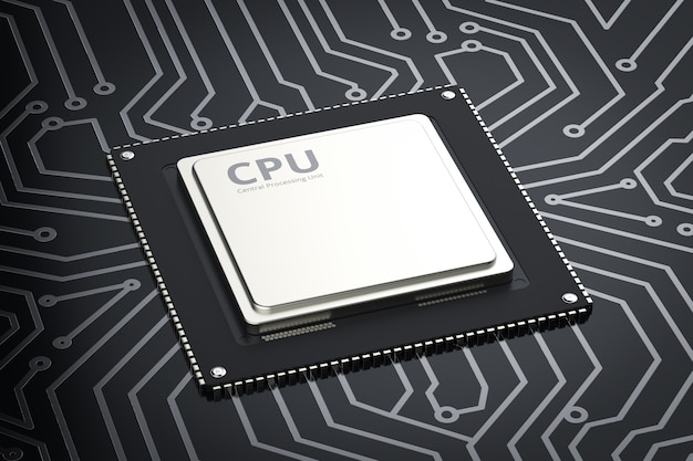 Chip de CPU de renderizado 3D en placa de circuito negro