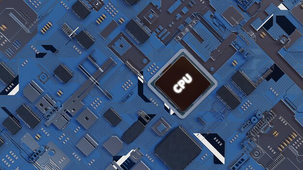 chip de cpu en la representación 3d de la placa madre