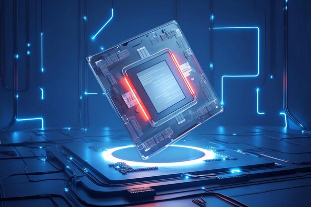 Chip de circuito intrincado iluminado por hipnotizantes luzes de néon renderização 3D