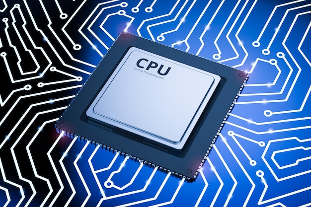 Chip de CPU de renderização 3D na placa de circuito azul