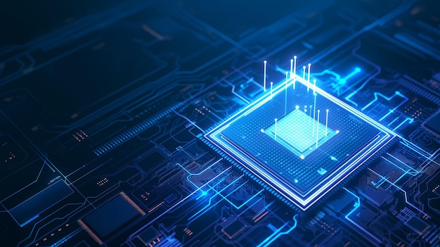 Chip de IA de néon brilhante em fundo tecnológico