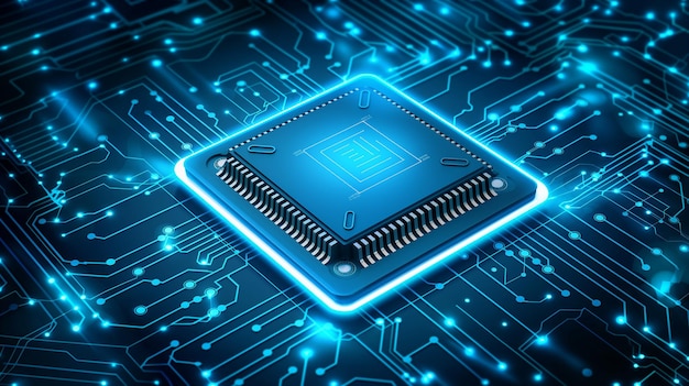 Chip de IA de néon brilhante em fundo tecnológico