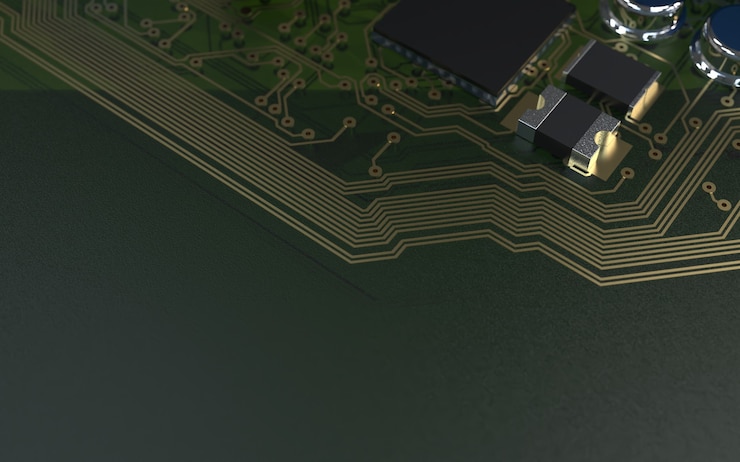 Foto chip do processador em uma placa de circuito impresso. renderização 3d. conceito de tecnologia