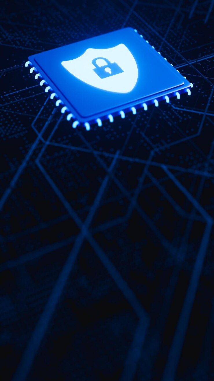 Un chip electrónico con un escudo y un candado en circuitos azules de ciberseguridad y procesamiento de datos