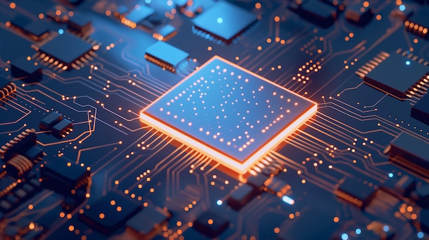 Chip de IA de neón brillante en el fondo de la tecnología