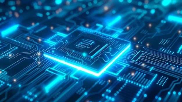 Chip de IA de neón brillante en el fondo de la tecnología