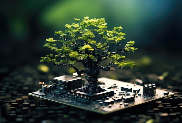 chip na placa-mãe cresce um conceito de árvore de ciência tecnologia e proteção ambiental