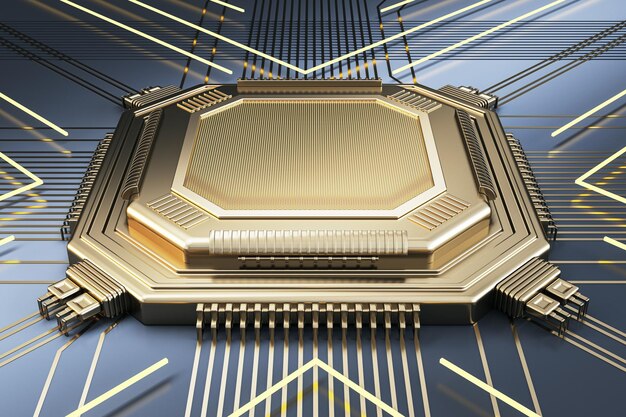 Chip de oro en blanco abstracto sobre fondo de metal con líneas Mock up place Tecnología y computadora de placa base y concepto de hardware Representación 3D