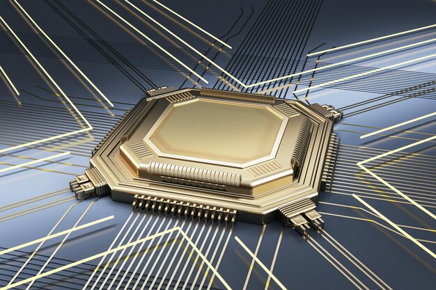 Chip de oro vacío creativo sobre fondo de metal con líneas Mock up place Tecnología y computadora de placa base y concepto de hardware Representación 3D