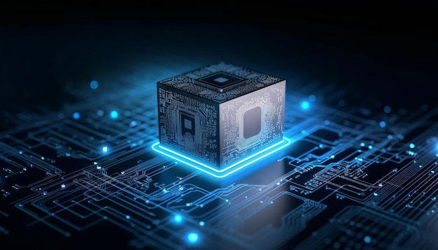 El chip de procesador Ai de la tecnología de cubo, el concepto de capacidad de aprendizaje de la inteligencia artificial, el AI generativo.