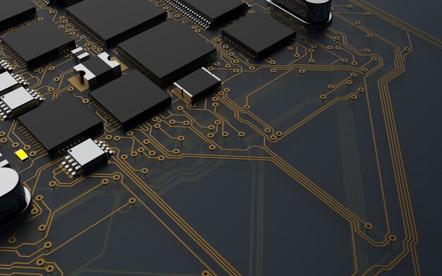 Chip de procesador en una placa de circuito impreso. Representación 3D. Concepto de tecnología