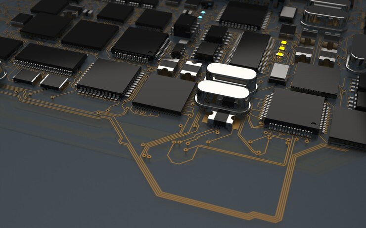Foto chip de procesador en una placa de circuito impreso. representación 3d. concepto de tecnología