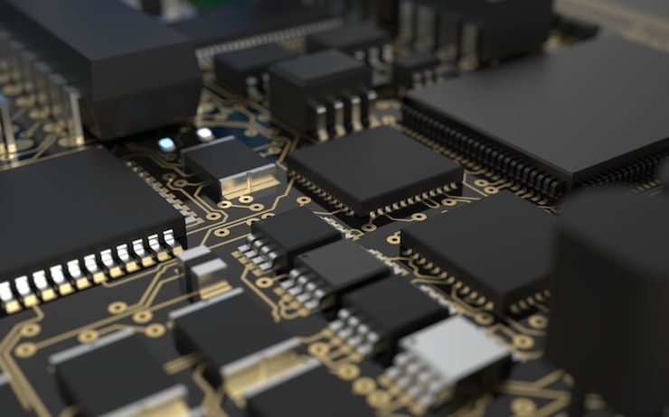 Foto chip de procesador en una placa de circuito impreso. representación 3d. concepto de tecnología