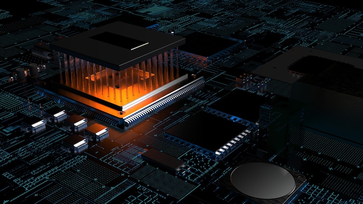 Foto chip del procesador en una placa de circuito impreso con retroiluminación roja