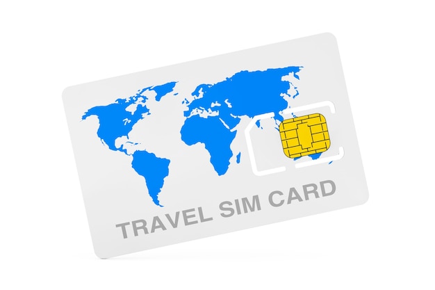 Chip de tarjeta SIM de teléfono móvil de viaje con mapa del mundo sobre un fondo blanco. Representación 3D