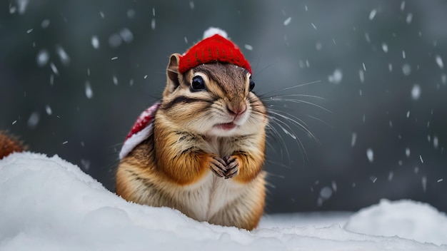 Foto chipmunk com um chapéu de papai noel em um fundo coberto de neve