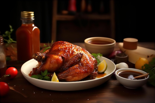 Foto chipotle de pollo y miel esmaltado para la cena en la mesa de madera con fondo de cocina interior