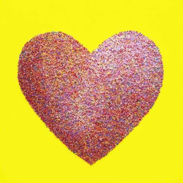 Chips brillantes vertidos en forma de corazón sobre un fondo amarillo