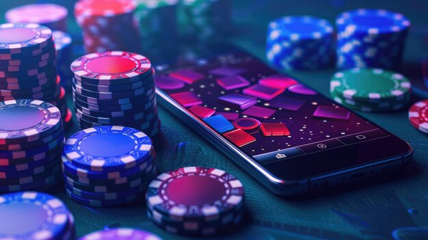 Chips de casino coloridos con teléfono inteligente en la mesa