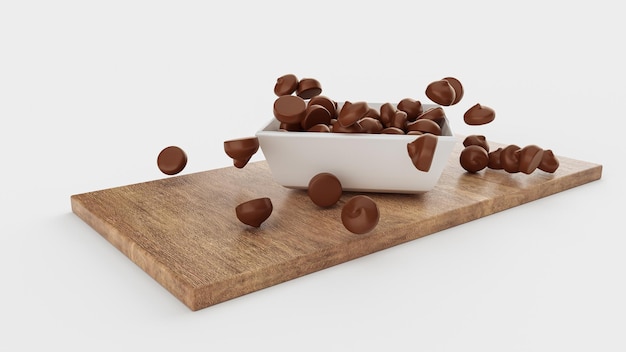 Chips de chocolate cayendo sobre un tazón de porcelana blanca y una tabla de madera 3d ilustración