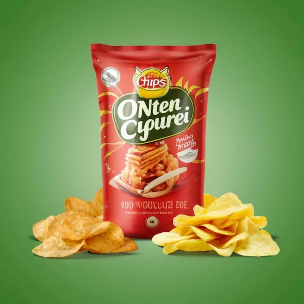 Chips de batata a arder no fogo embalagem isolada Chips com pimentas e pimentas