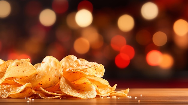 Chips de batata crocantes e salgados em fundo desfocado borrado com espaço de cópia para colocação de texto