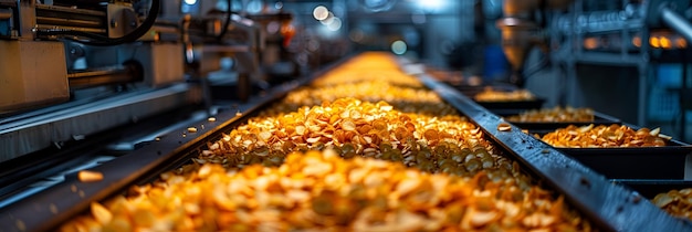 Chips de batata frita estão caindo na linha de produção de chips de batata.