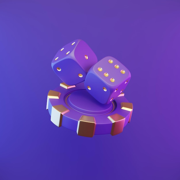 Chips de cassino e dados em fundo neon violeta brilhante 3D render ilustração