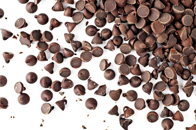 Chips de chocolate ou gotas espalhadas de cima isoladas em fundo branco