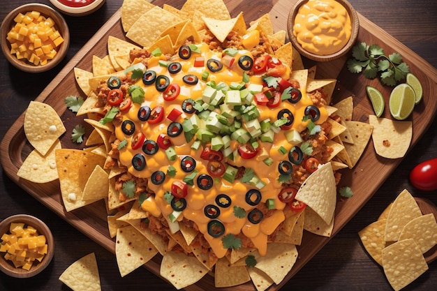 Foto chips de nachos mexicanos com vista superior de queijo americano