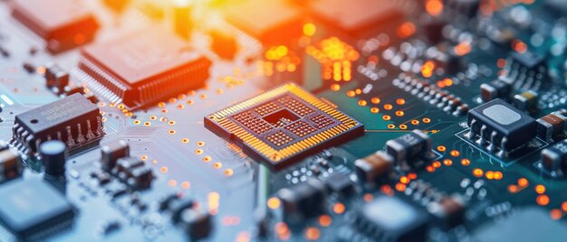 Chips em placas de circuito montagem automatizada de PCB em fábrica de semicondutores Luz da linha de máquina em fábrica de computadores Conceito de produção de microchips na indústria de tecnologia