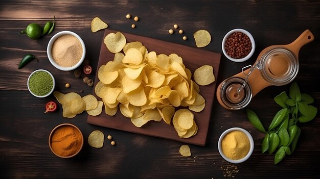 Foto chips flach legen chips hintergrund fastfood hintergrund junkfood lecker köstlich