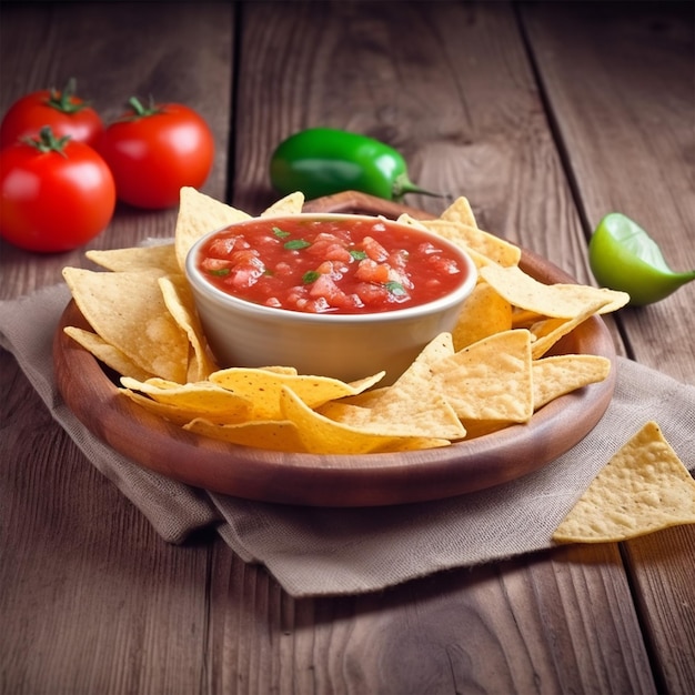 Chips De Nachos Mexicanos Y Dip De Salsa En Un Tazón Sobre Madera