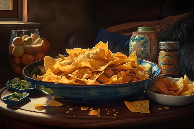 Chips de nachos en un tazón azul sobre un fondo oscuro IA generativa