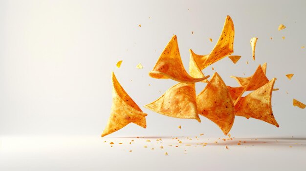 Chips de nachos voladores aislados sobre un fondo blanco