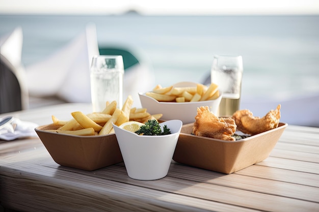 Chips de pescado clásicos servidos junto a la playa en conos de papel